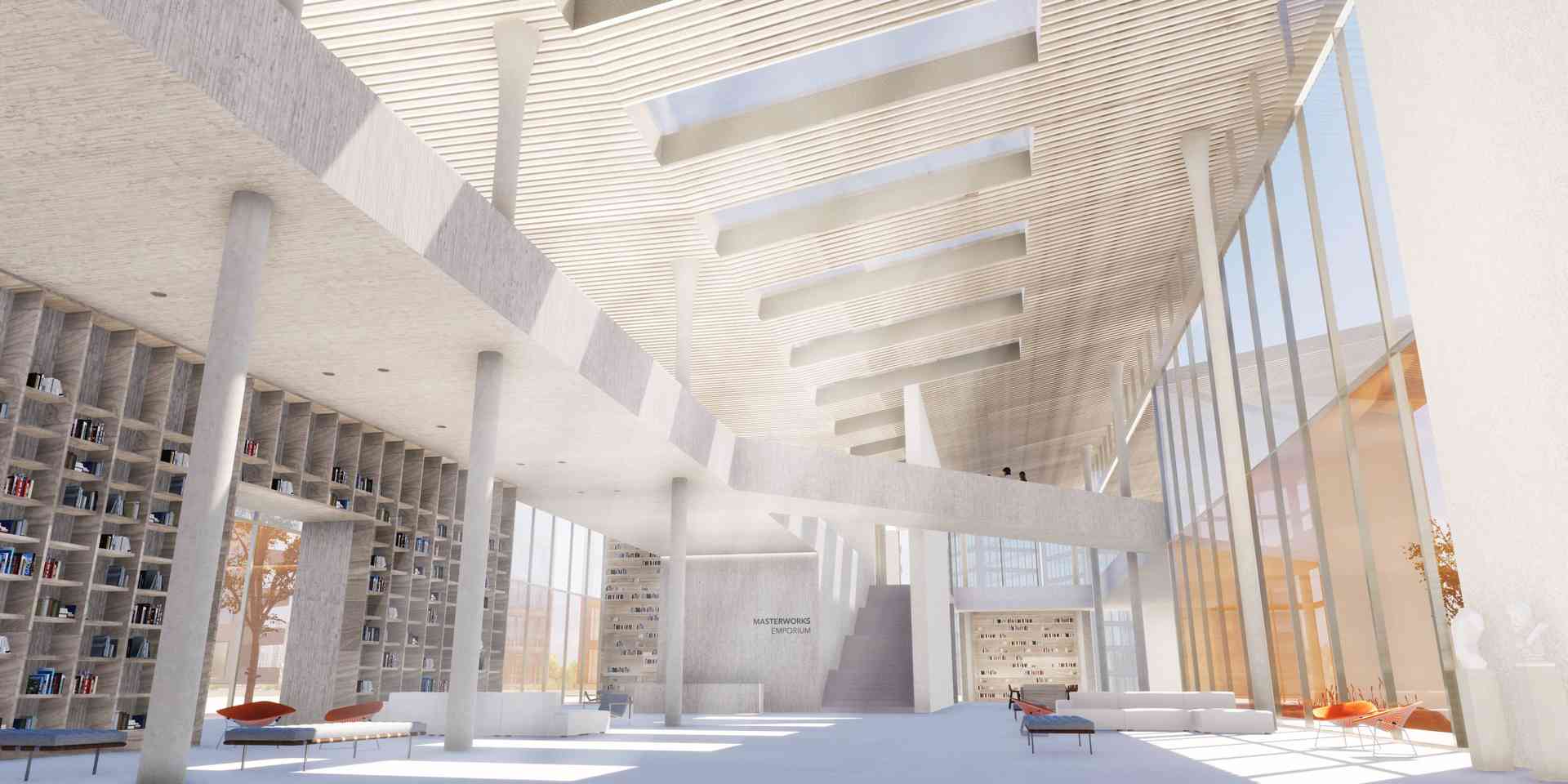 A luminous gallery with soaring skylights, bookshelves and warm sunlight